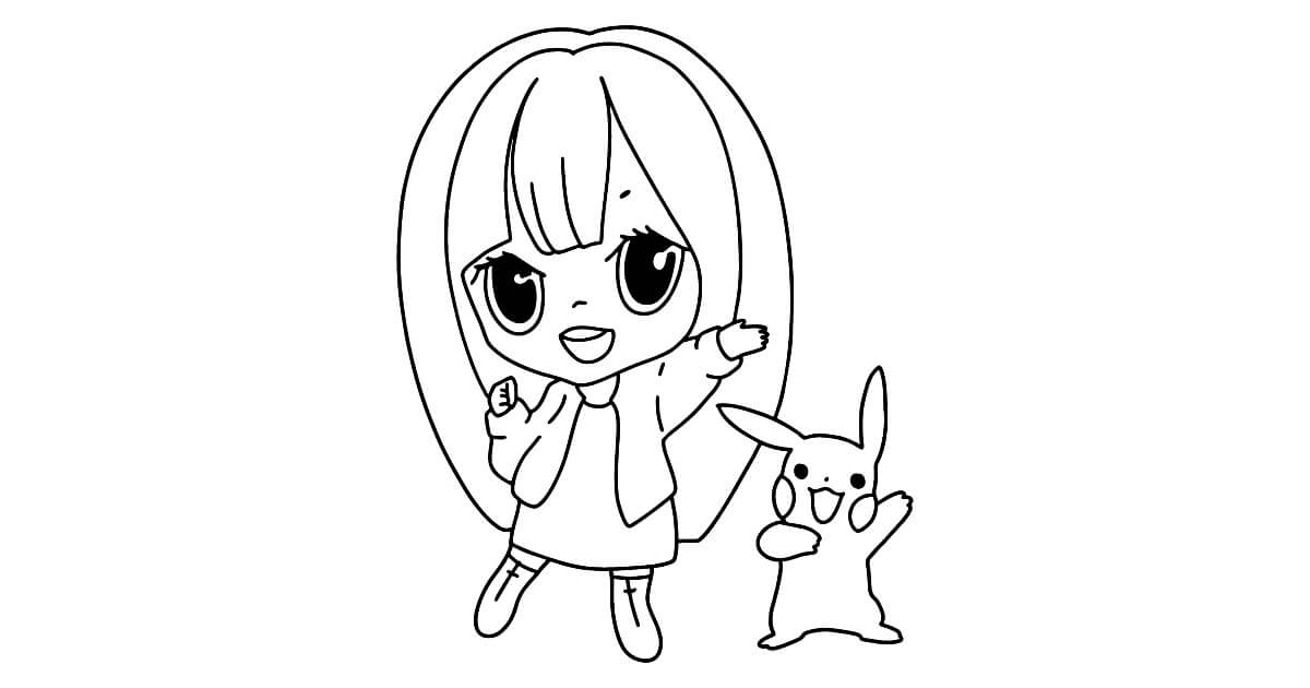 Kawaii Girl e Pikachu para colorir