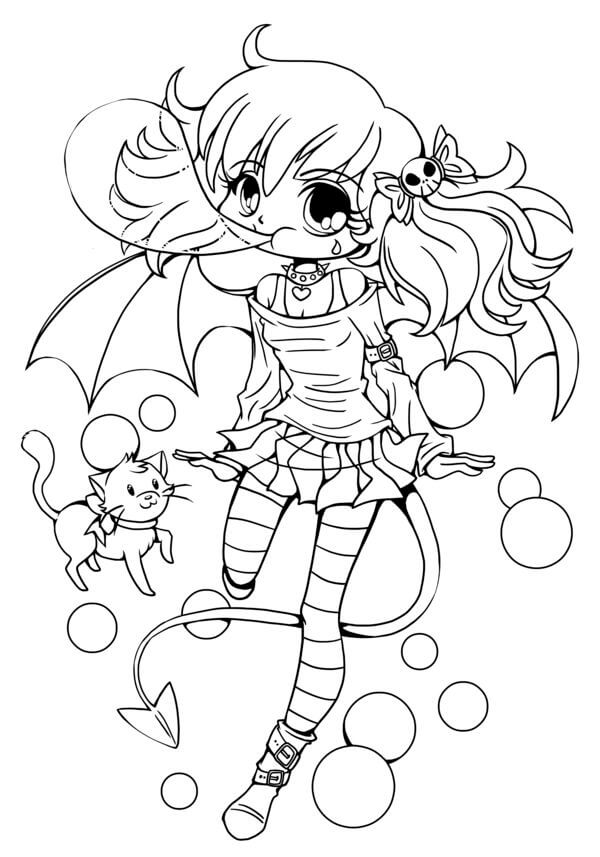 Desenhos de Menina e Gato Dragão Kawaii para colorir