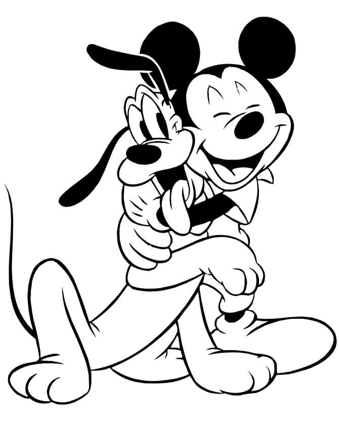 Divertido Mickey Mouse abraçando Plutão para colorir