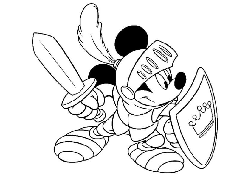 Desenhos de Guerreiro Mickey Mouse Segurando Espada e Escudo para colorir