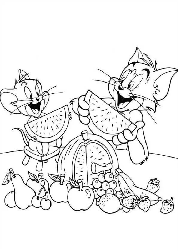 Desenhos de Jerry e Tom comendo Melancia para colorir