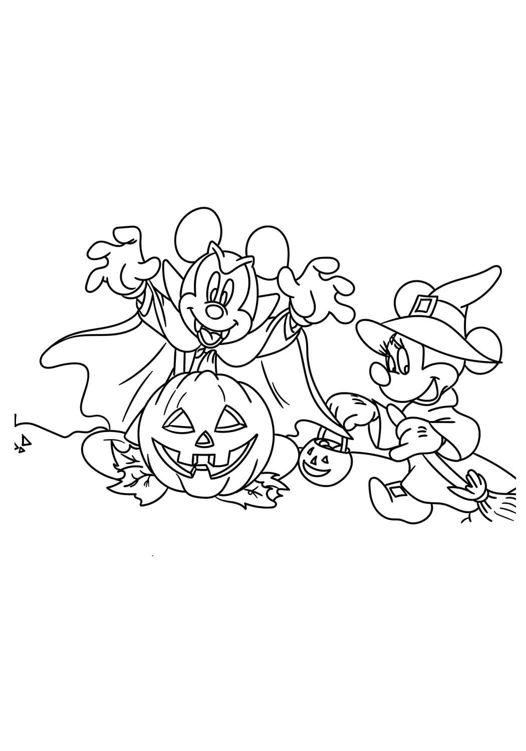 Desenhos de Mickey Mouse e Minnie Mouse no Halloween para colorir