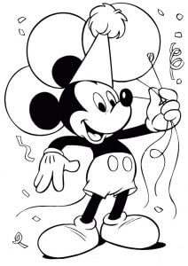 Desenhos de Mickey Mouse Segurando Balões no Aniversário para colorir