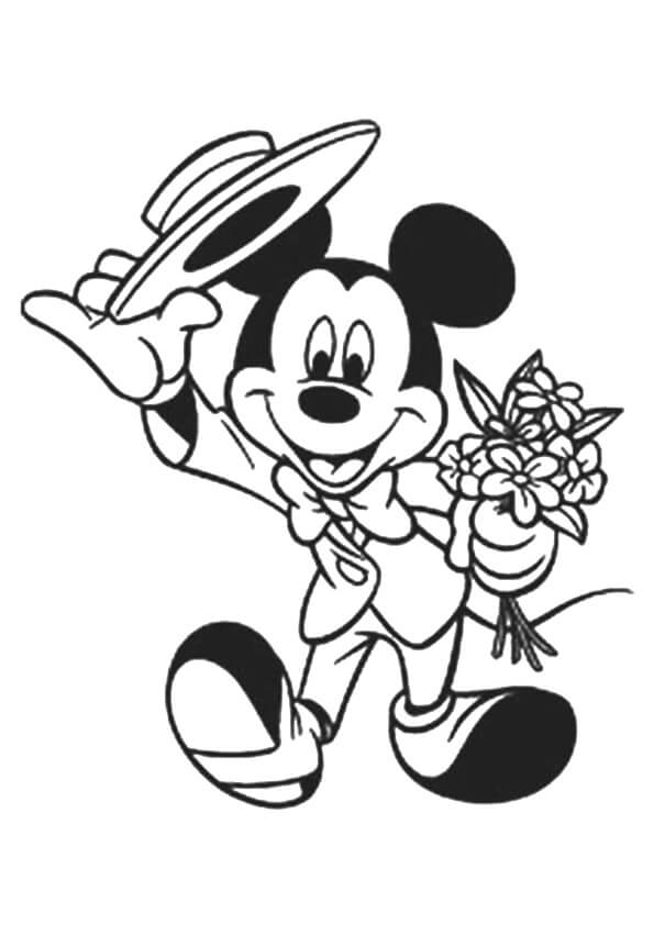 Desenhos de Mickey Mouse Segurando Flores para colorir