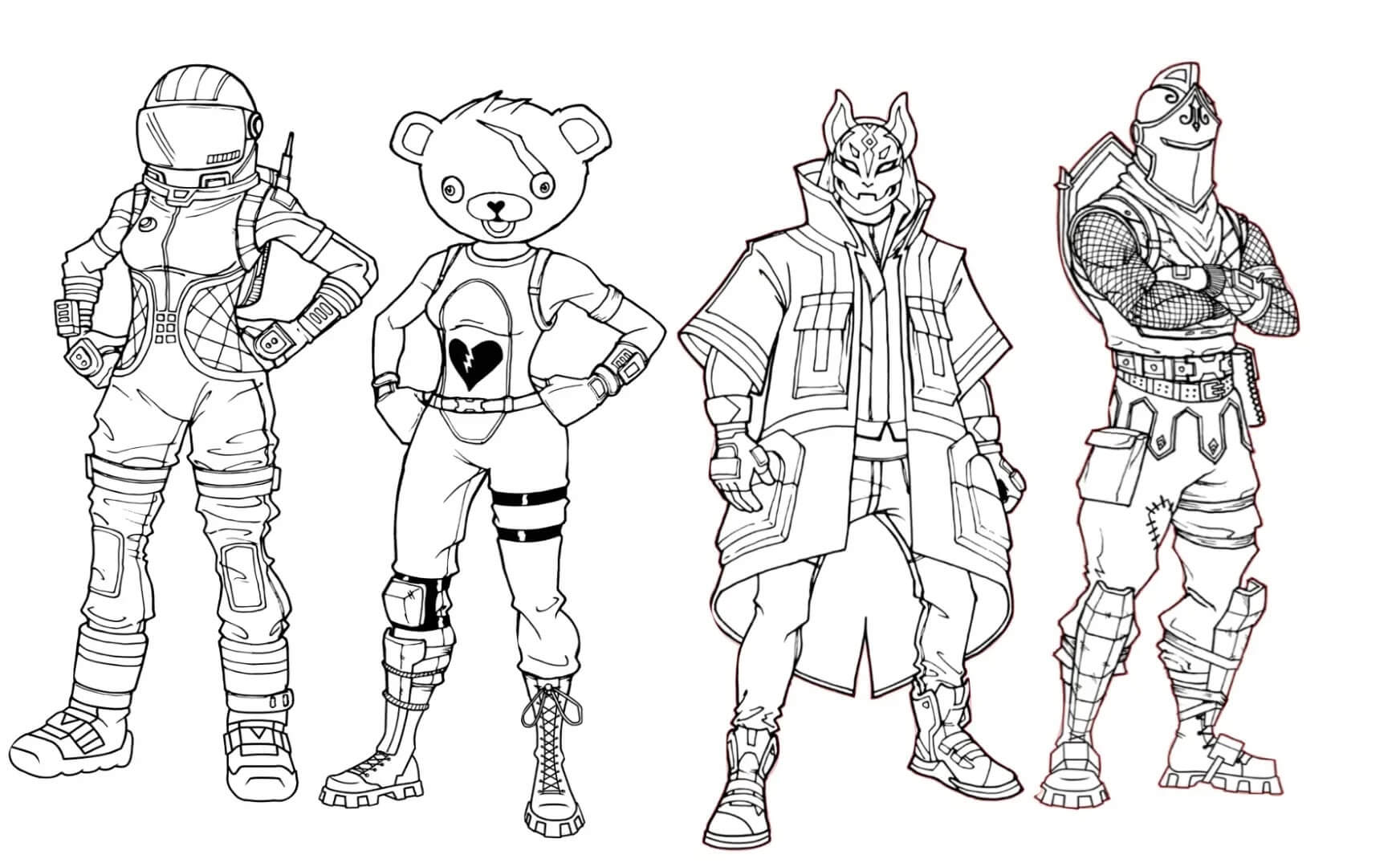 Desenhos de Quatro Personagens da Fortnite para colorir