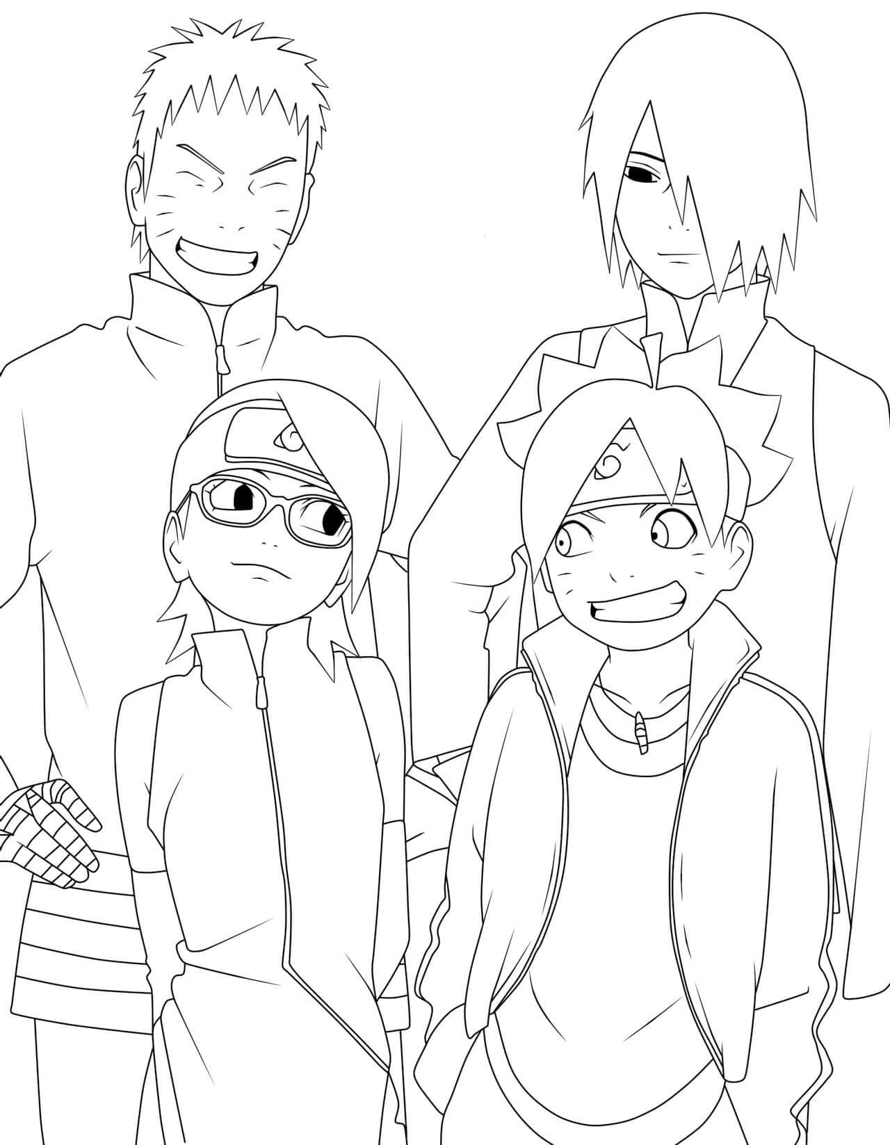 Boruto, Naruto, Sadara e Sasuke se Divertem para colorir