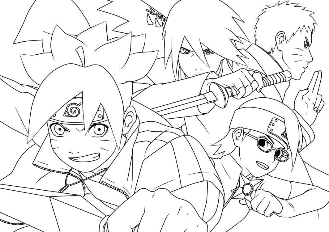 Boruto, Naruto, Sasuke e Sadara para colorir
