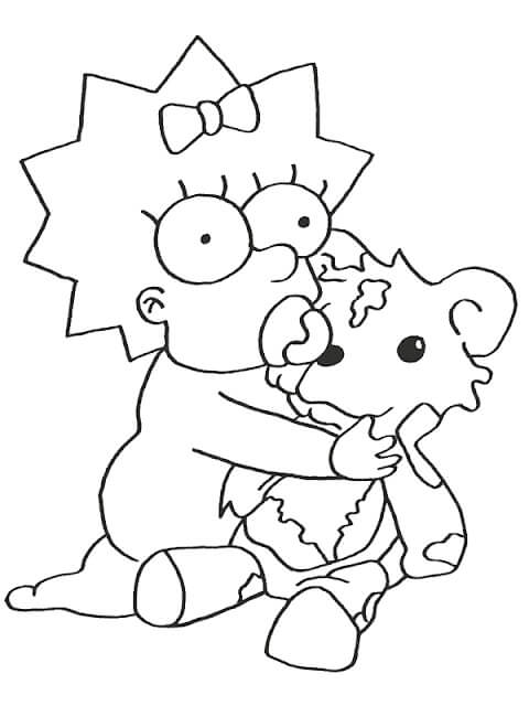 Desenhos de Maggie Simpson Segurando um Ursinho de Pelúcia para colorir