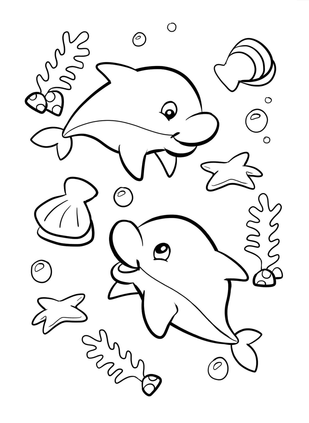 Desenhos de Dois Golfinhos Fofos no Mar para colorir