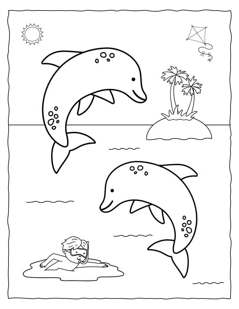 Desenhos de Dois Golfinhos Pulando com Criança Nadando para colorir