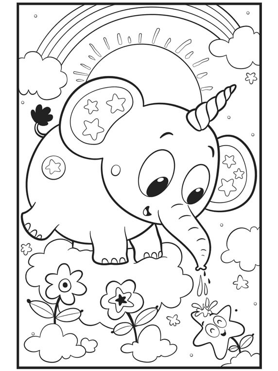 Desenhos de Elefante Fofo com Flores e Arco-íris para colorir