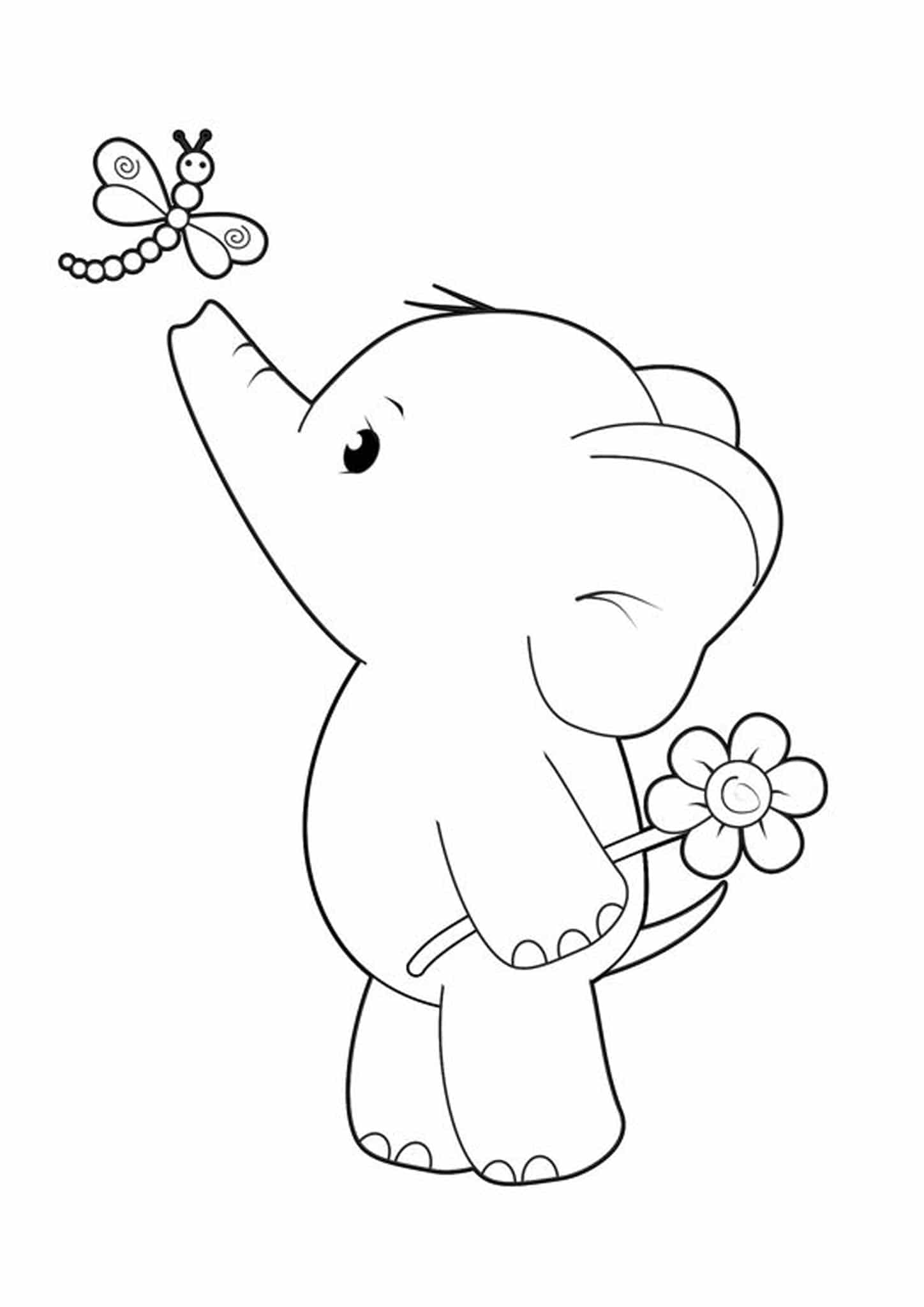 Desenhos de Elefante segurando Flor com Borboleta para colorir