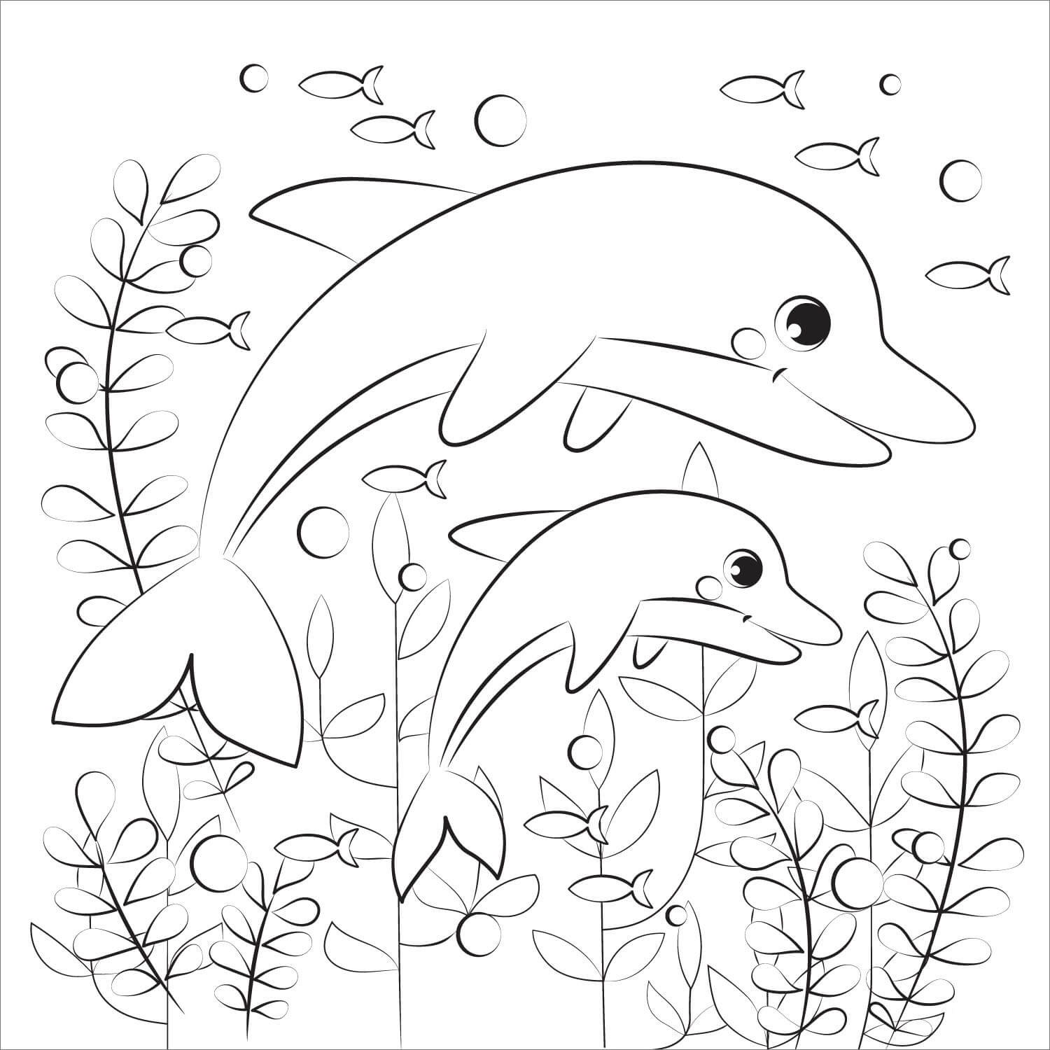 Mãe Golfinho e Bebê Golfinho com Coral para colorir
