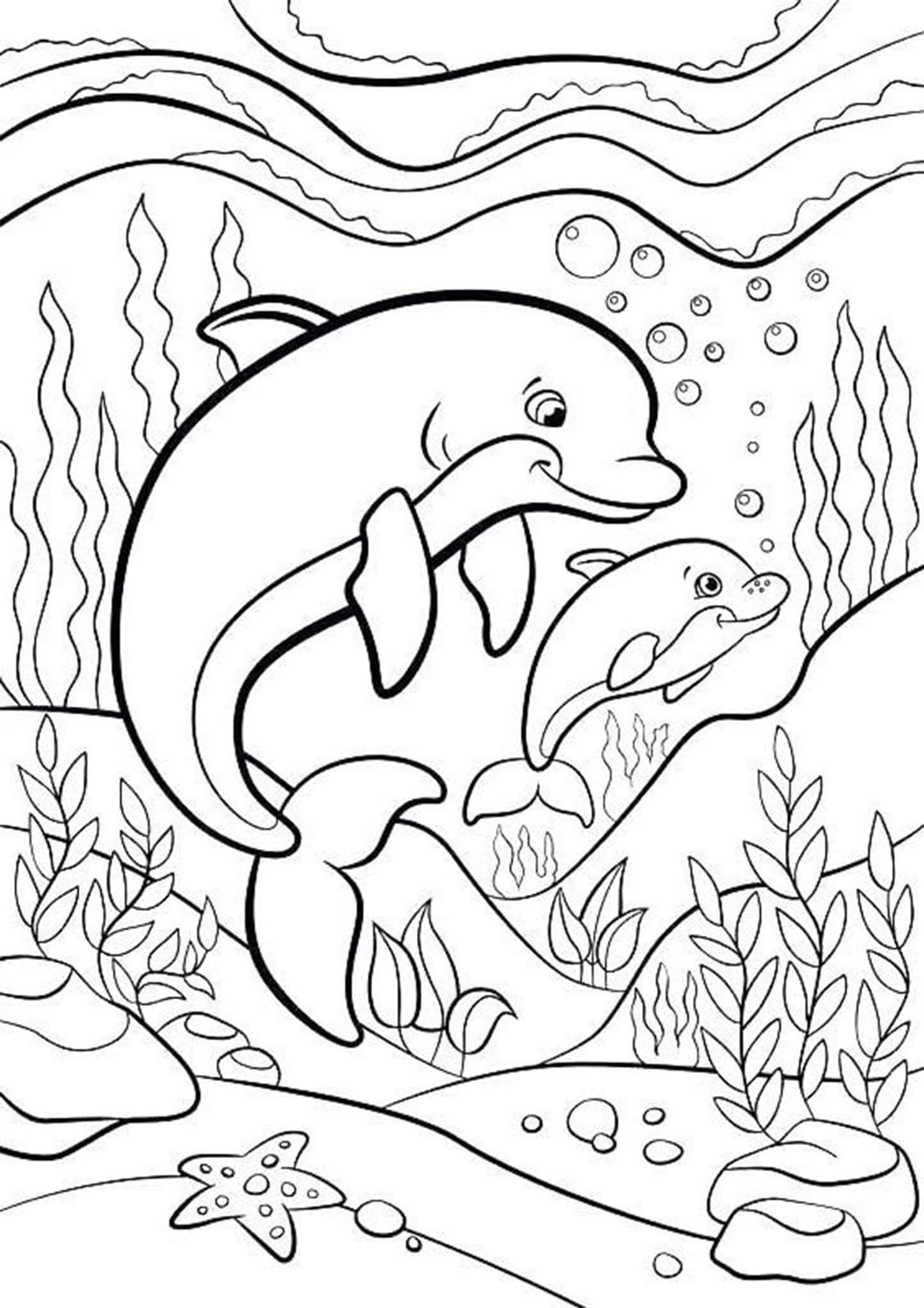 Desenhos de Mãe Golfinho e Bebê Golfinho Nadando para colorir