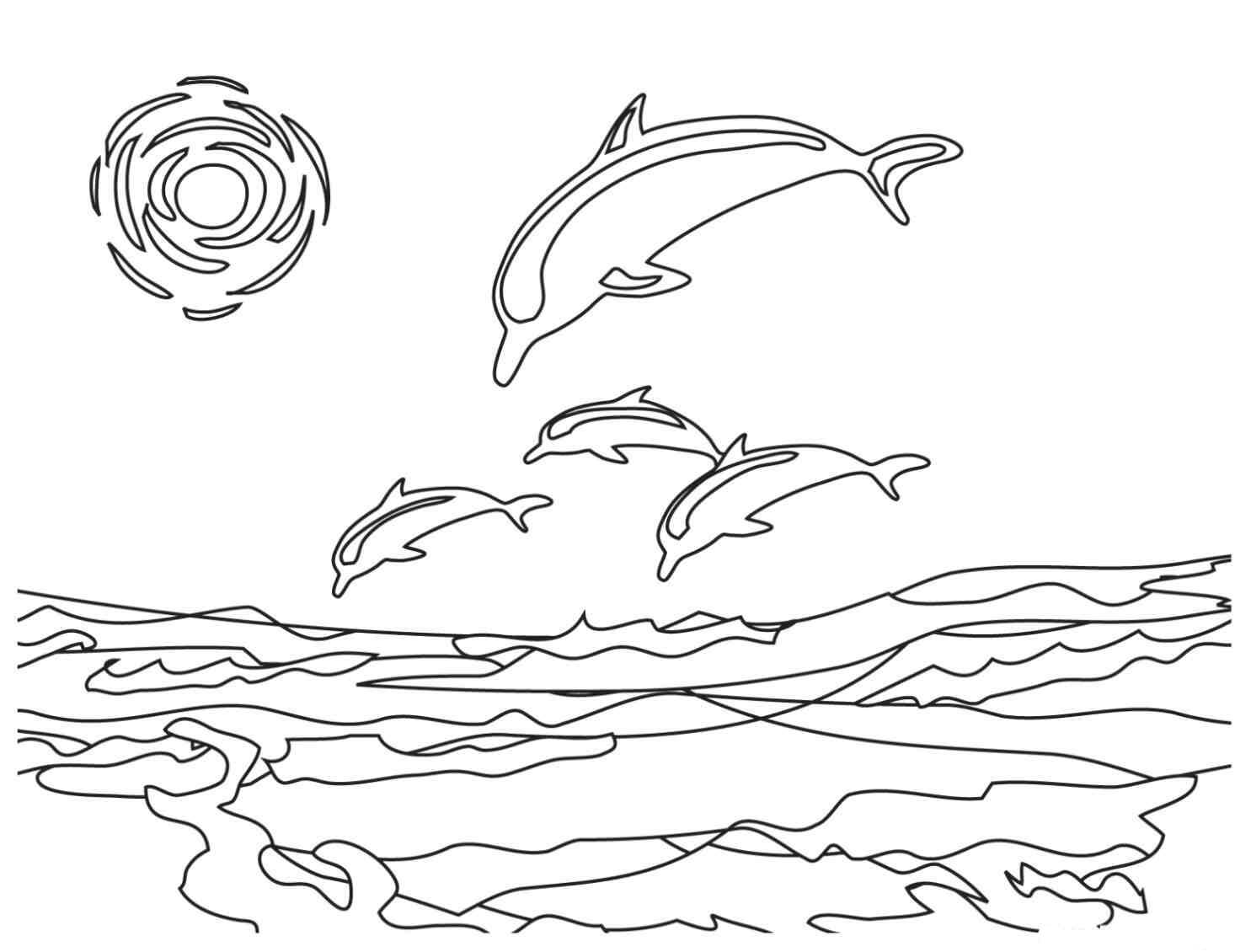 Desenhos de Quatro Golfinhos Pulando nas Ondas para colorir