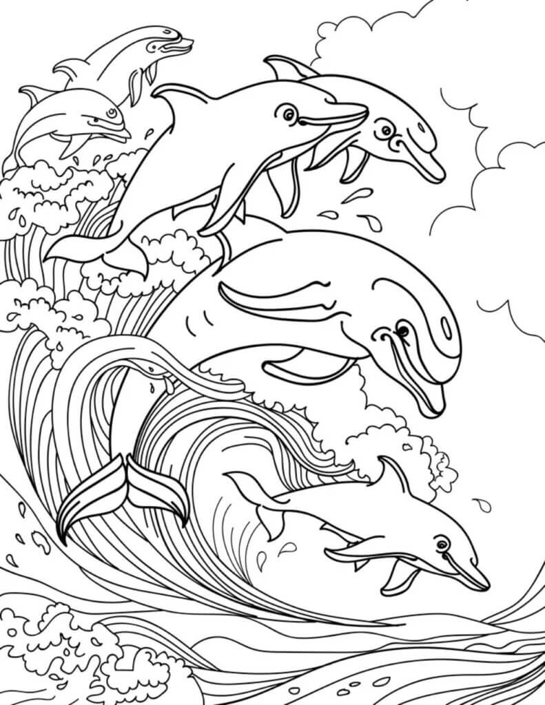 Desenhos de Seis Golfinhos Pulando no Mar para colorir