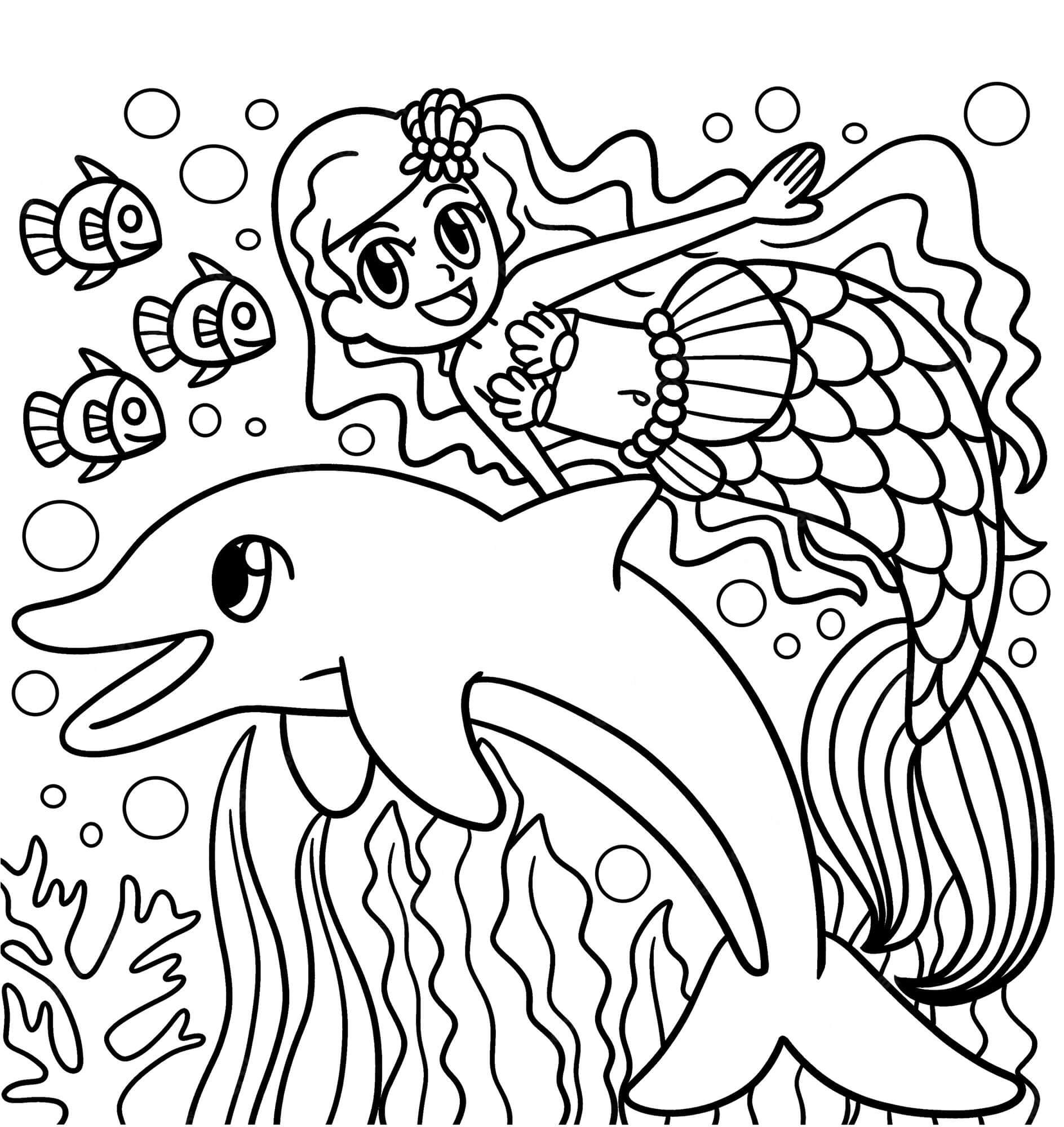 Desenhos de Sereia com Golfinho e Peixe para colorir