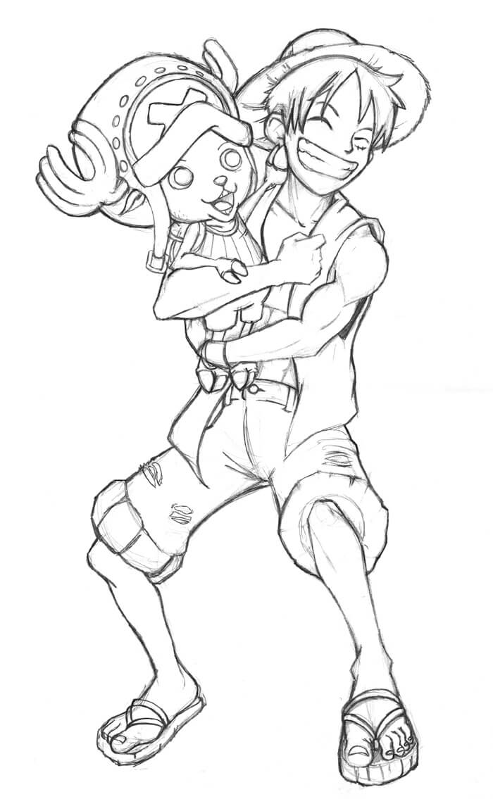 Desenhando Luffy Abraçando Chopper para colorir