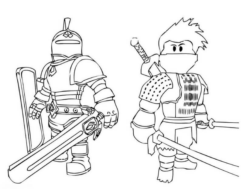 Desenhos de Dois Cavaleiros Roblox com Espada para colorir