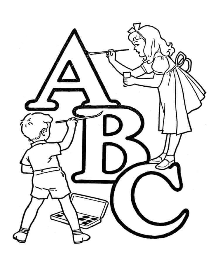 Duas Crianças Desenham a Letra ABC para colorir