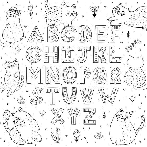 Desenhos de Gato com Alfabeto ABC para colorir