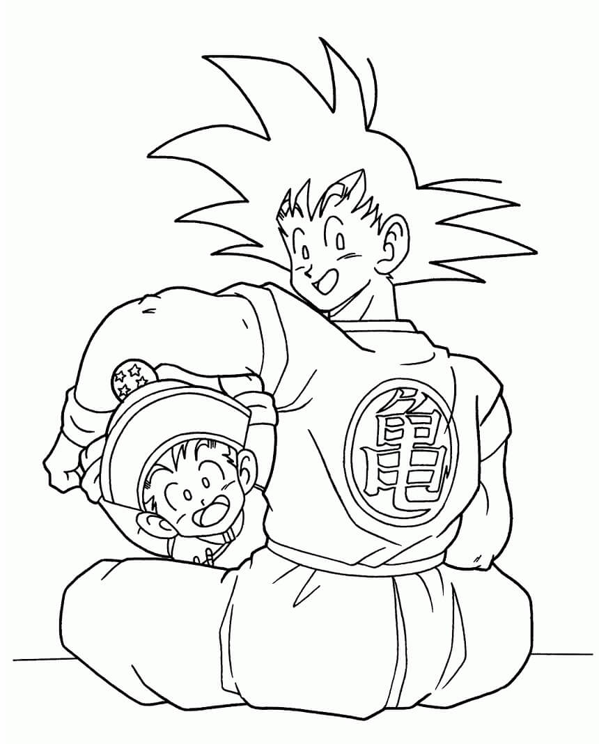 Goku Sentado e Gohan para colorir