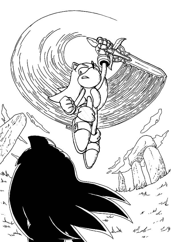 Desenhos de Knuckles Enfrenta Sonic com sua Espada para colorir
