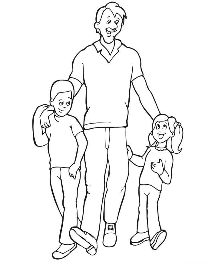 Pai e Dois Filhos Caminhando para colorir