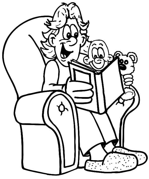 Desenhos de Pai e Filho Lendo Livro na Cadeira para colorir