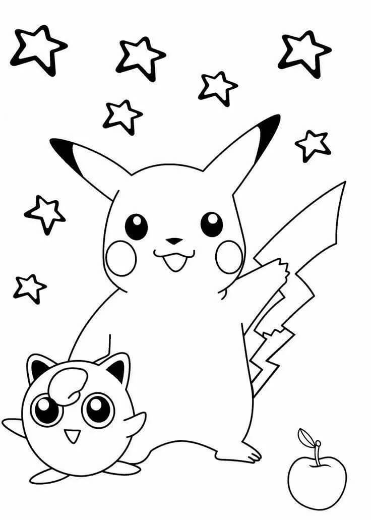 Desenhos de Pikachu com Amigo e Maçã para colorir