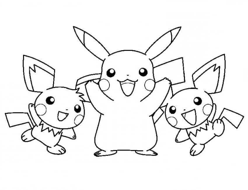Pikachu e Dois Pichu para colorir