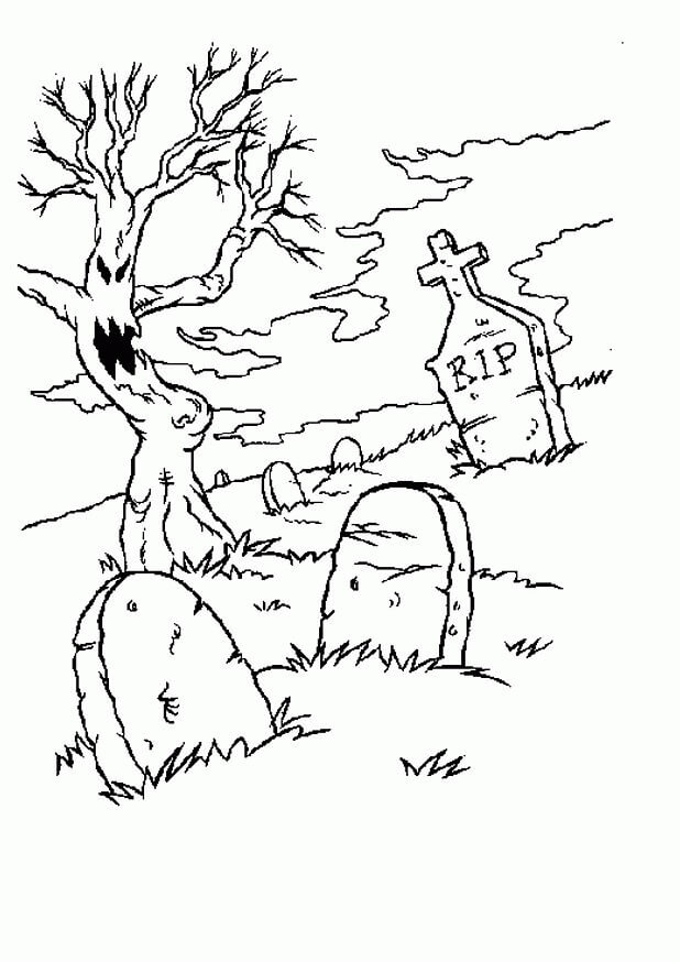 Cemitério Com Árvore para colorir