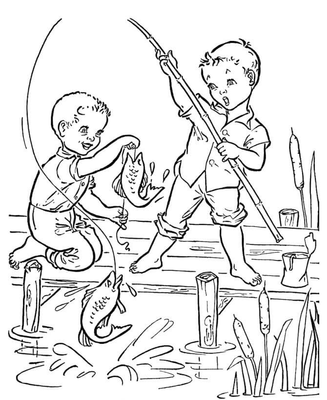 Desenhos de Dois Meninos Pescando Engraçado para colorir