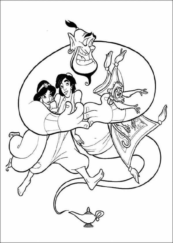 Jasmim, Aladim, Gênio E Macaco para colorir