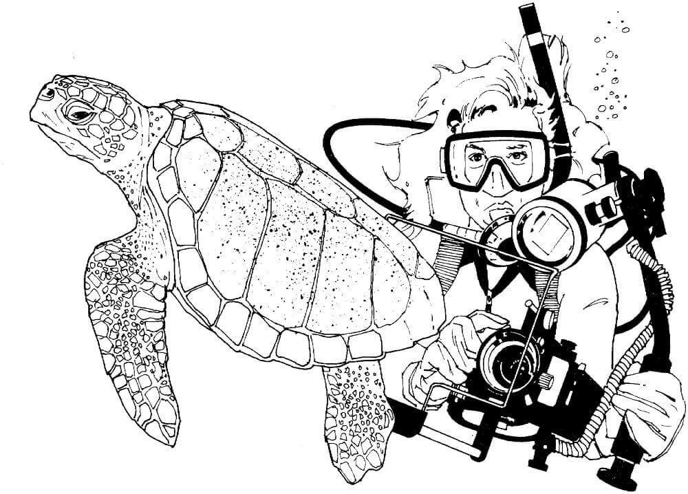 Mergulhador E Tartaruga Marinha para colorir