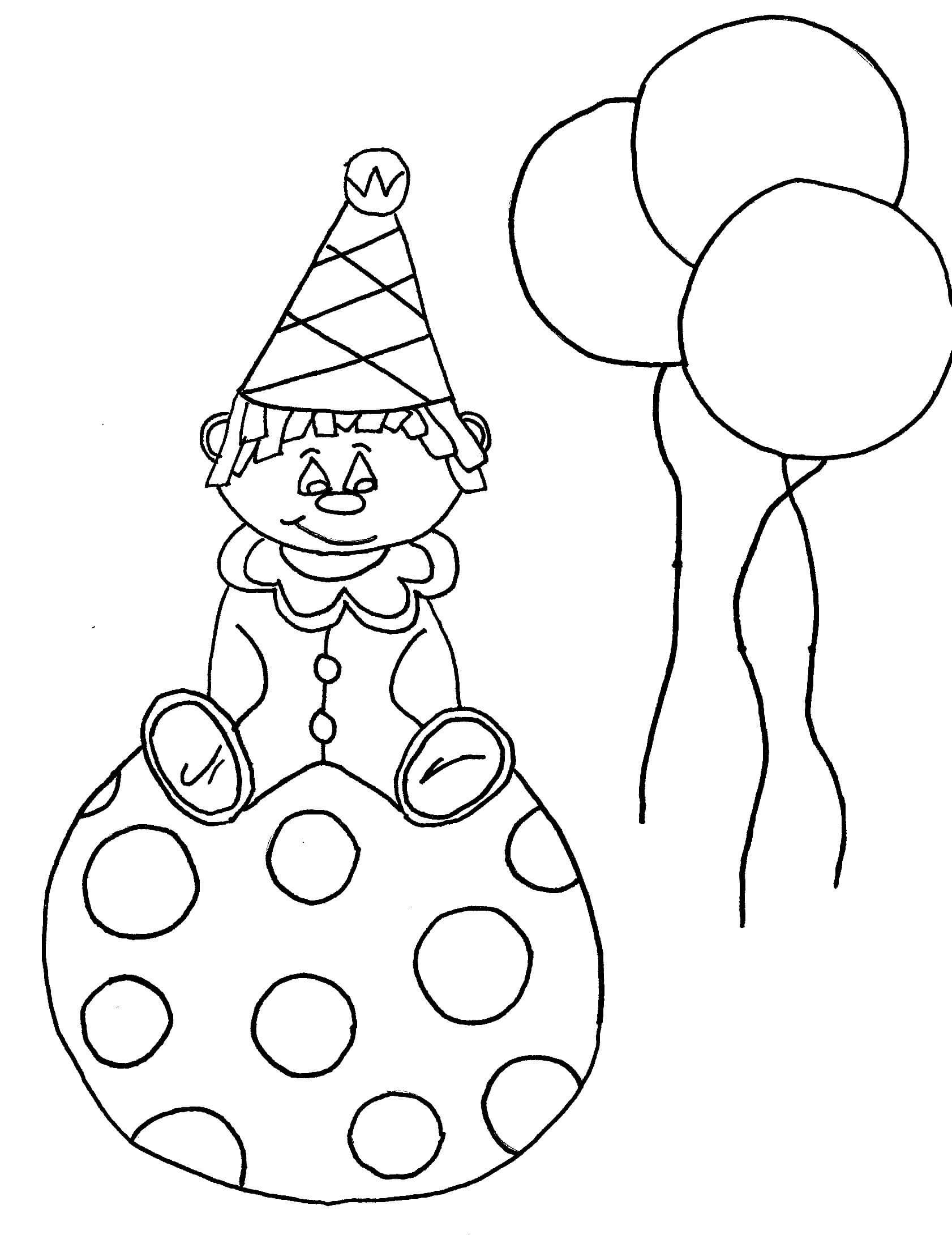 Desenhos de Palhaço Sentado na Bola com Balões para colorir