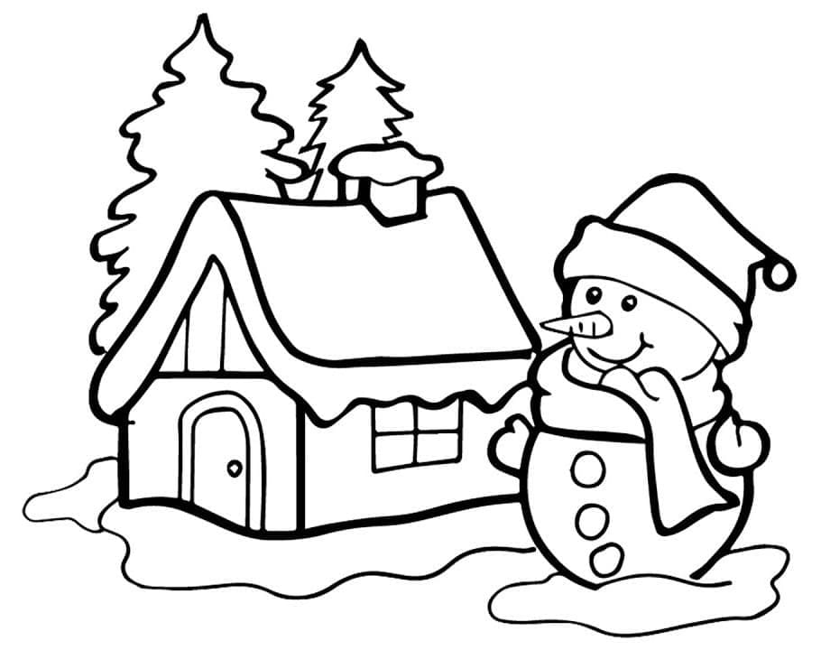 Desenhos de Boneco de neve e casa para colorir