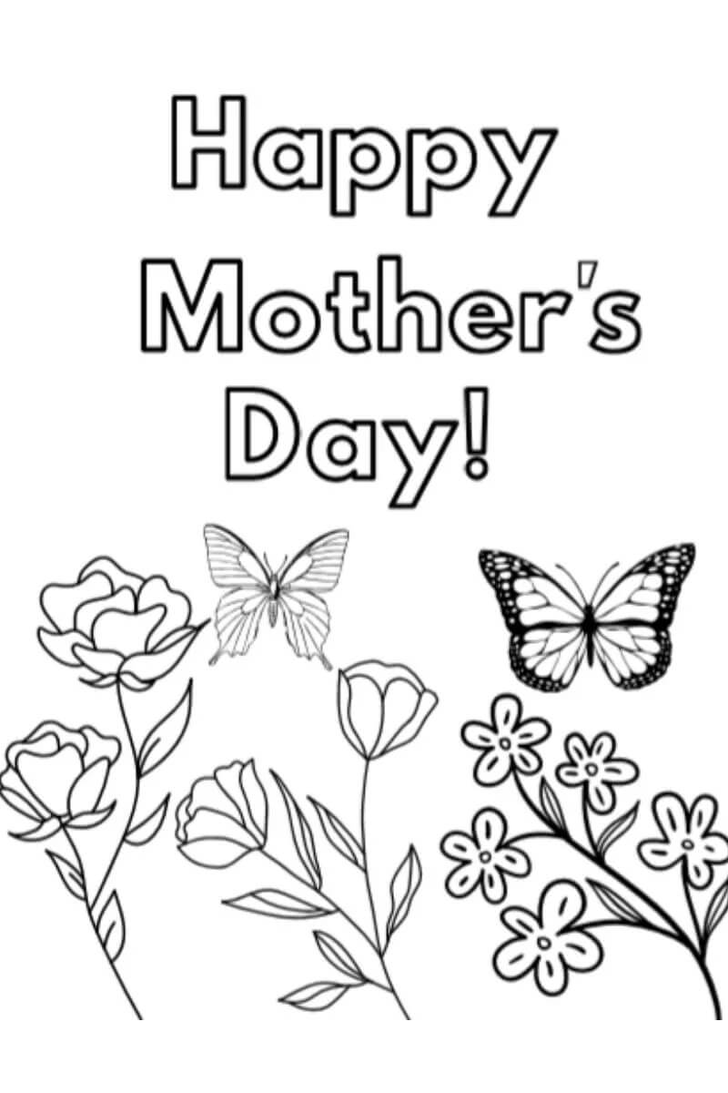 Desenhos de Borboletas e Flores no Feliz dia das Mães para colorir