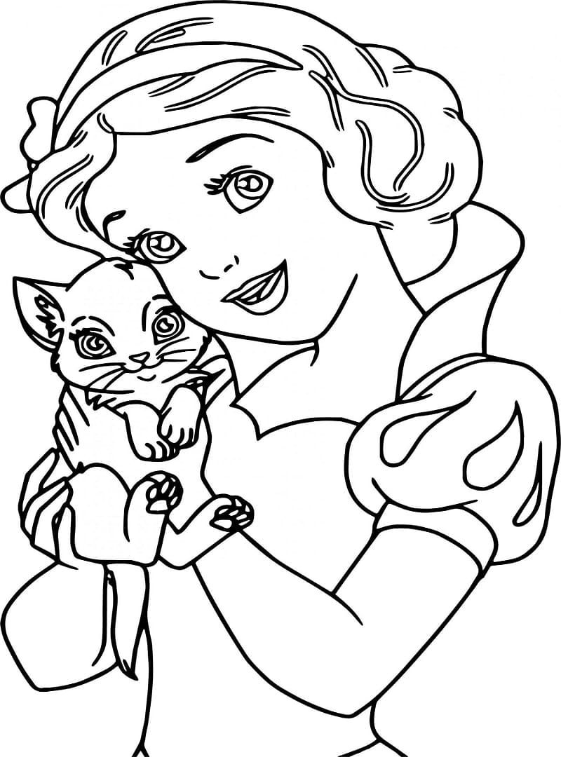 Branca de Neve e Gatinho para colorir