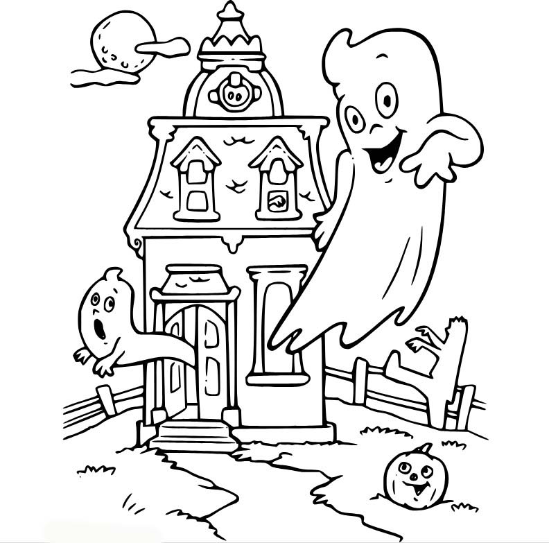 Desenhos de Casa Assombrada com abóbora e fantasmas para colorir