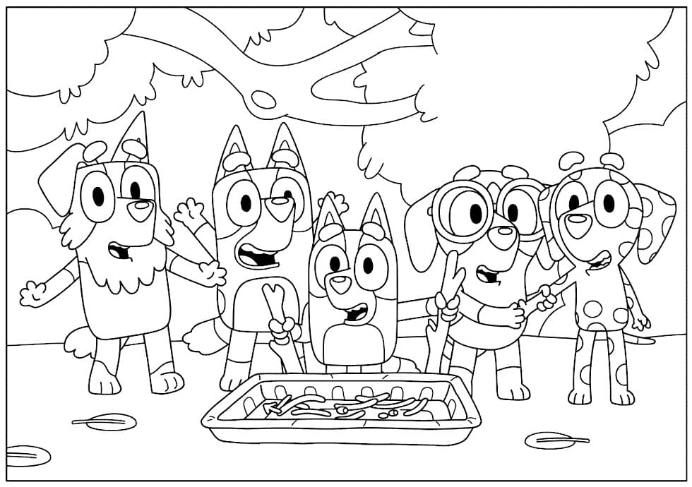 Desenhe Bluey com amigos para colorir