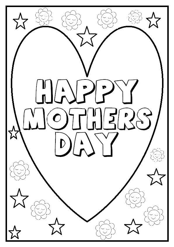 Feliz dia das Mães com Coração e Estrelas para colorir