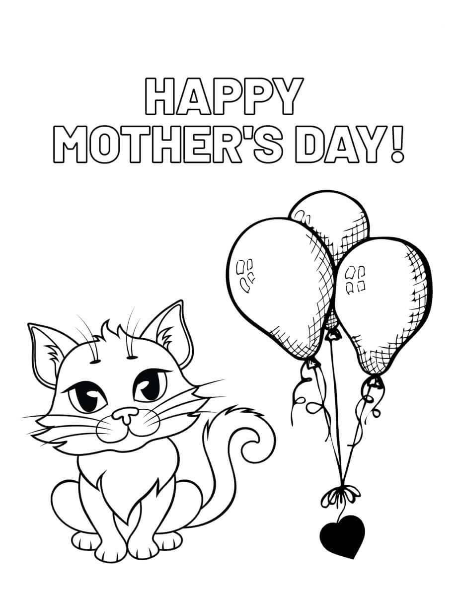 Desenhos de Gato com Balões no dia das Mães para colorir