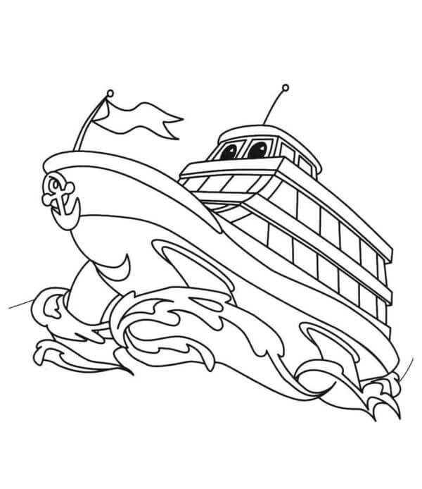 Desenhos de Grande barco de desenho animado cortando as ondas para colorir