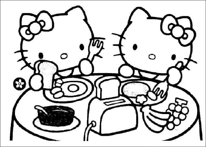 Desenhos de Hello Kitty Tomando Café Da Manhã para colorir