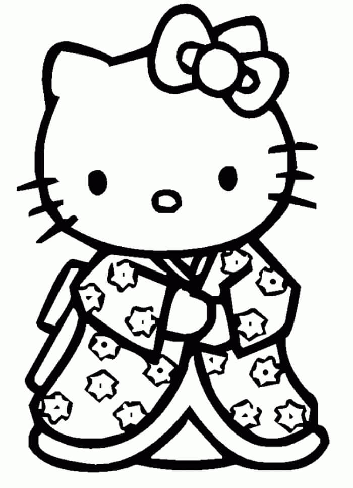 Desenhos de Hello Kitty Vestindo Quimono para colorir