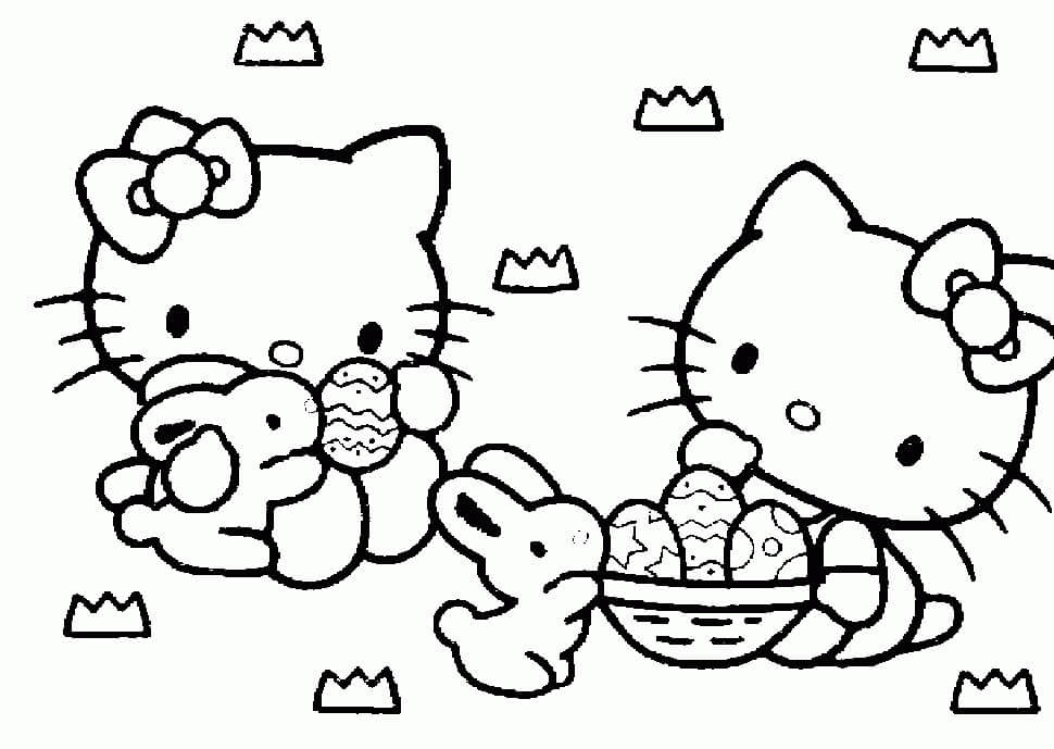 Desenhos de Hello Kitty e Amiga com Coelhos para colorir