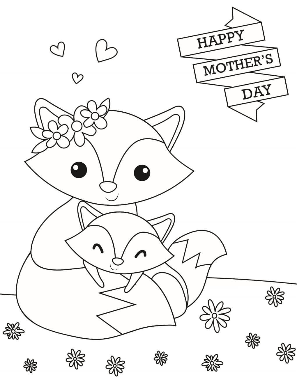 Mãe Raposa e bebê Raposa no Dia das Mães para colorir