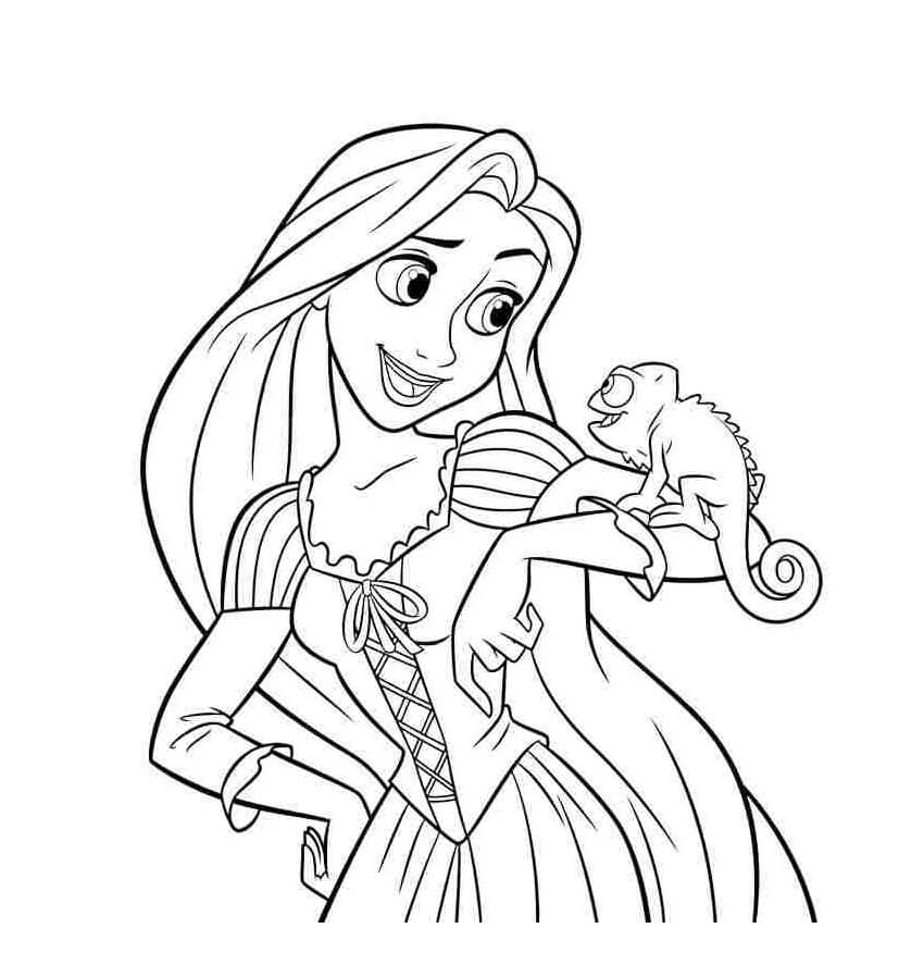 Princesa Rapunzel com Pascal para colorir