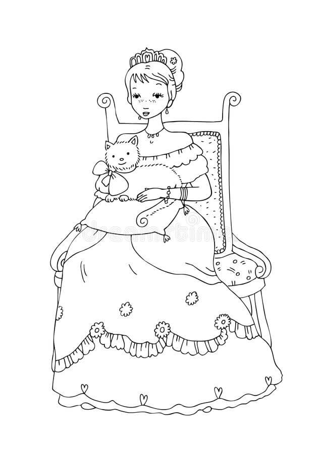 Princesa com gato sentado na cadeira para colorir